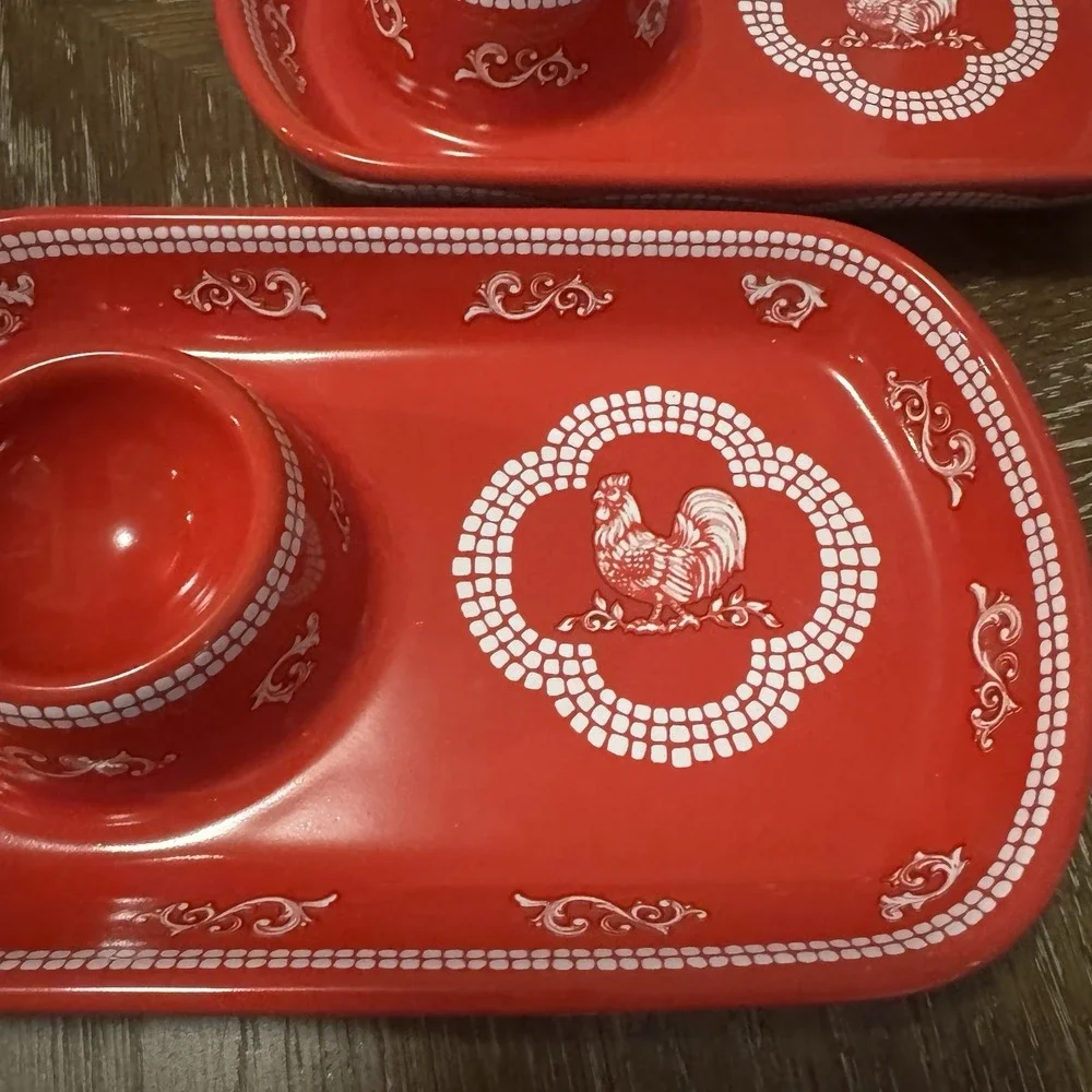 2 Temp-Tations Red Doodle Doo Rooster Dip Snack Egg Cup Sushi Plates Appetizer